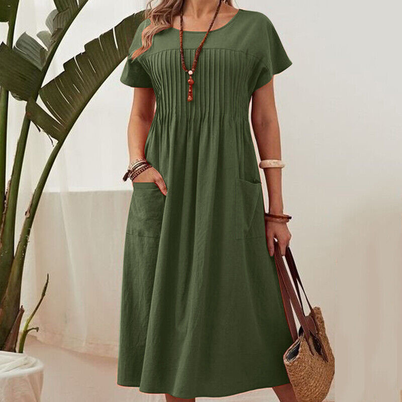 ๐ Womenโs Pleated Short-Sleeve Dress with Pockets โ Soft Cotton-Linen Blend โ๏ธ๐