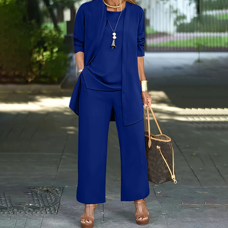 ๐ Elegant Womenโs Relaxed Fit 3-Piece Set โ Minimalist Wide-Leg Pants, Cardigan & Top in Luxe Stretch Fabric ๐๐