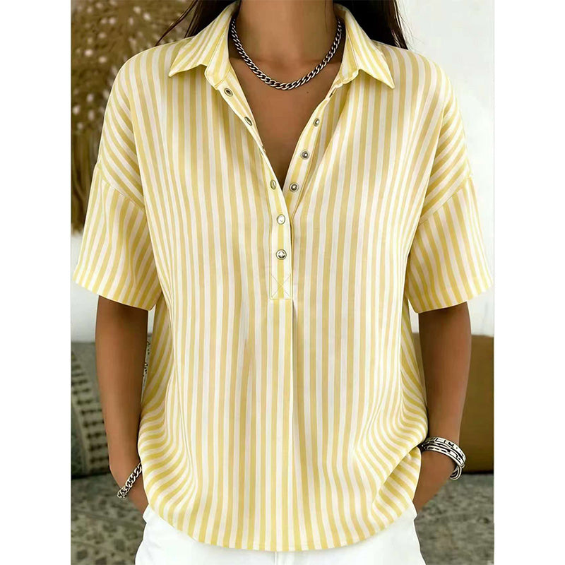 ๐ Women's Casual Striped Short-Sleeve Shirt โ Relaxed Fit & V-Neck โ Summer Essential ๐๏ธ
