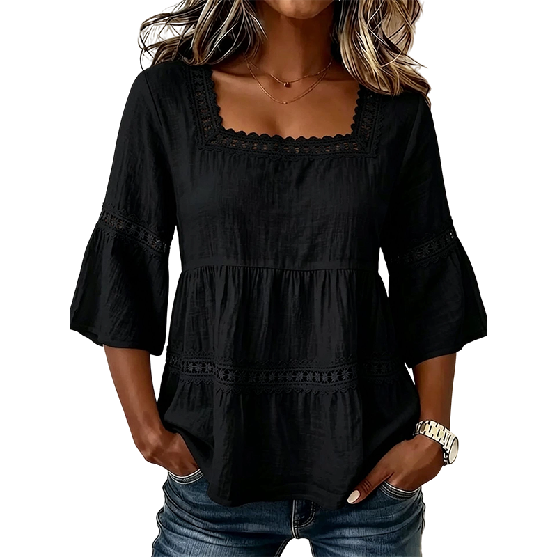 ๐ธ Elegant Square Neck Summer Blouse โ Boho Lace, Bell Sleeves, Tiered Flow โจ