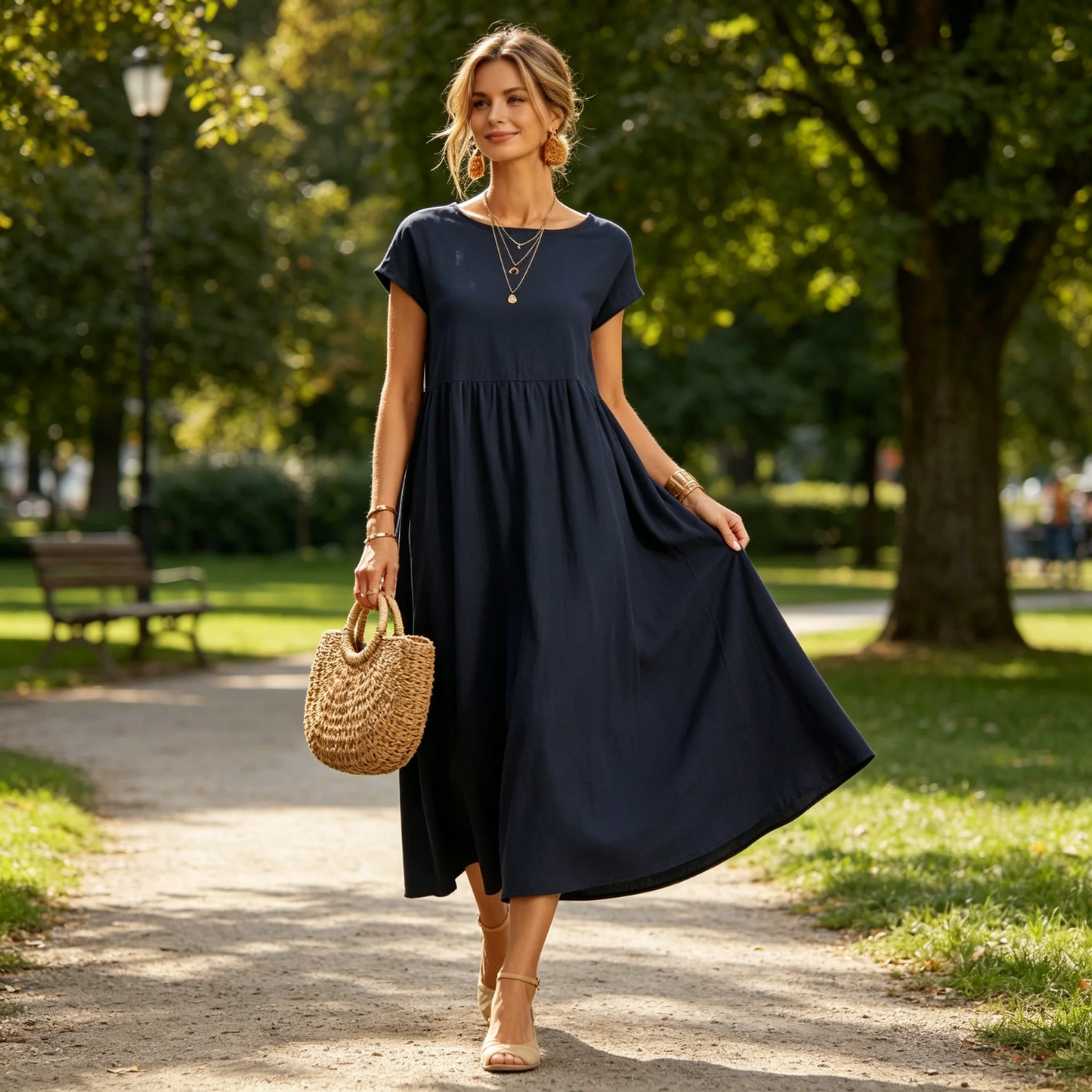 Fashion Solid Color Cotton Linen Pocket Dress