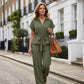 Women's Collared Drawstring Waist Top & Pants Set