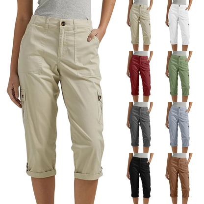 Multi-Pocket Solid Color Casual Cargo Capri Pants