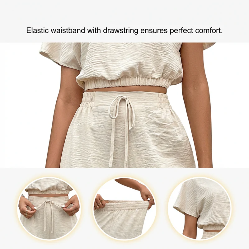 Short Sleeve Top Loose Straight Leg Pants Two Piece Set For Women