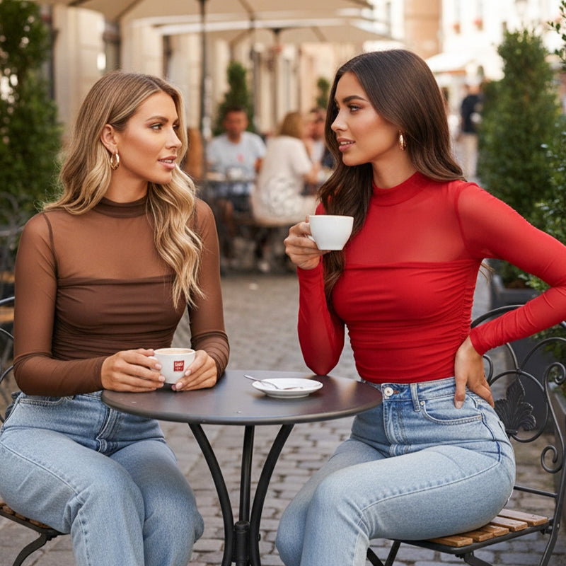 🎉Women's Sparkle Mesh Sheer Long Sleeve Ruched Top