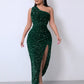 💃Women's Glitter Sequins One Shoulder Ruched Split Thigh Bodycon Dress