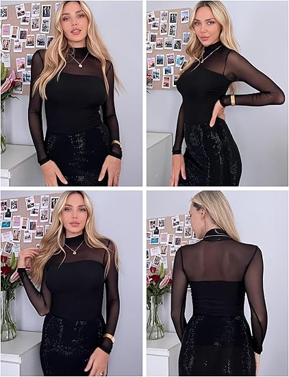 🎉Women's Sparkle Mesh Sheer Long Sleeve Ruched Top