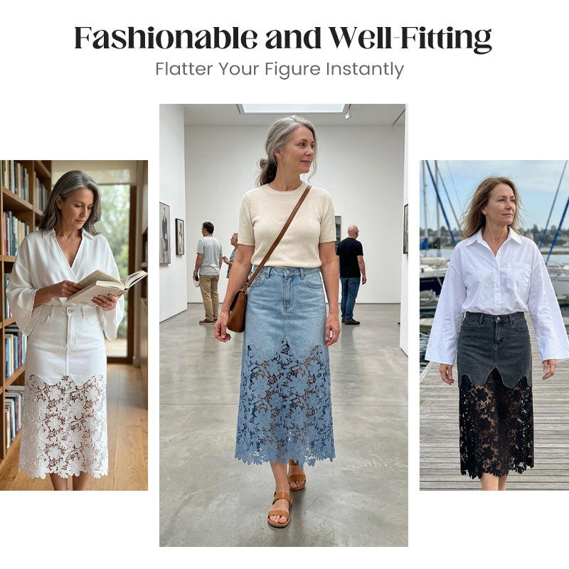 💥Women's Denim Bodycon Skirt with Hollow Lace Trim💙