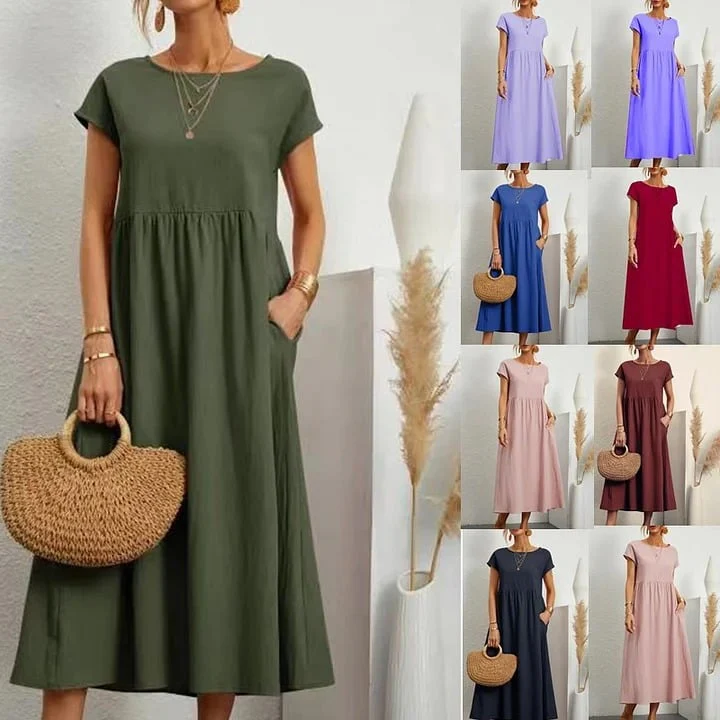 Fashion Solid Color Cotton Linen Pocket Dress