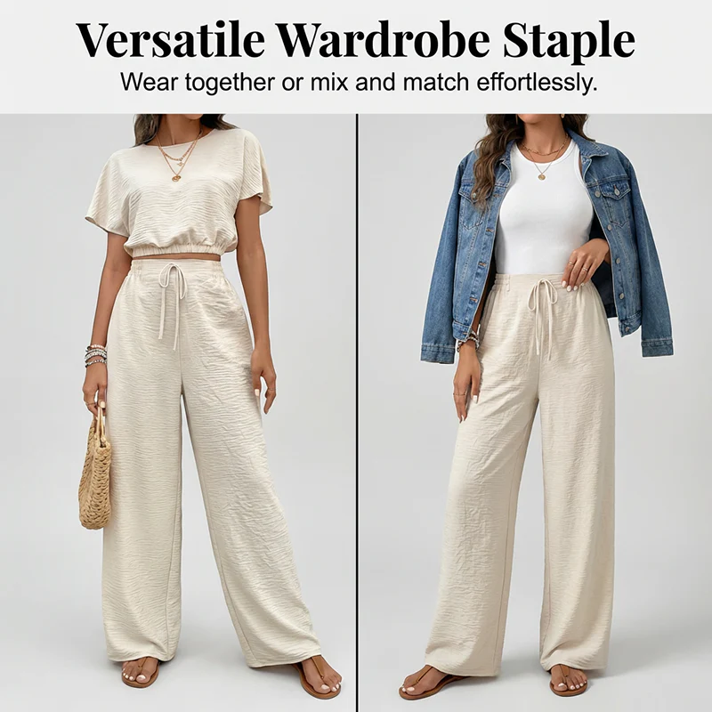 Short Sleeve Top Loose Straight Leg Pants Two Piece Set For Women