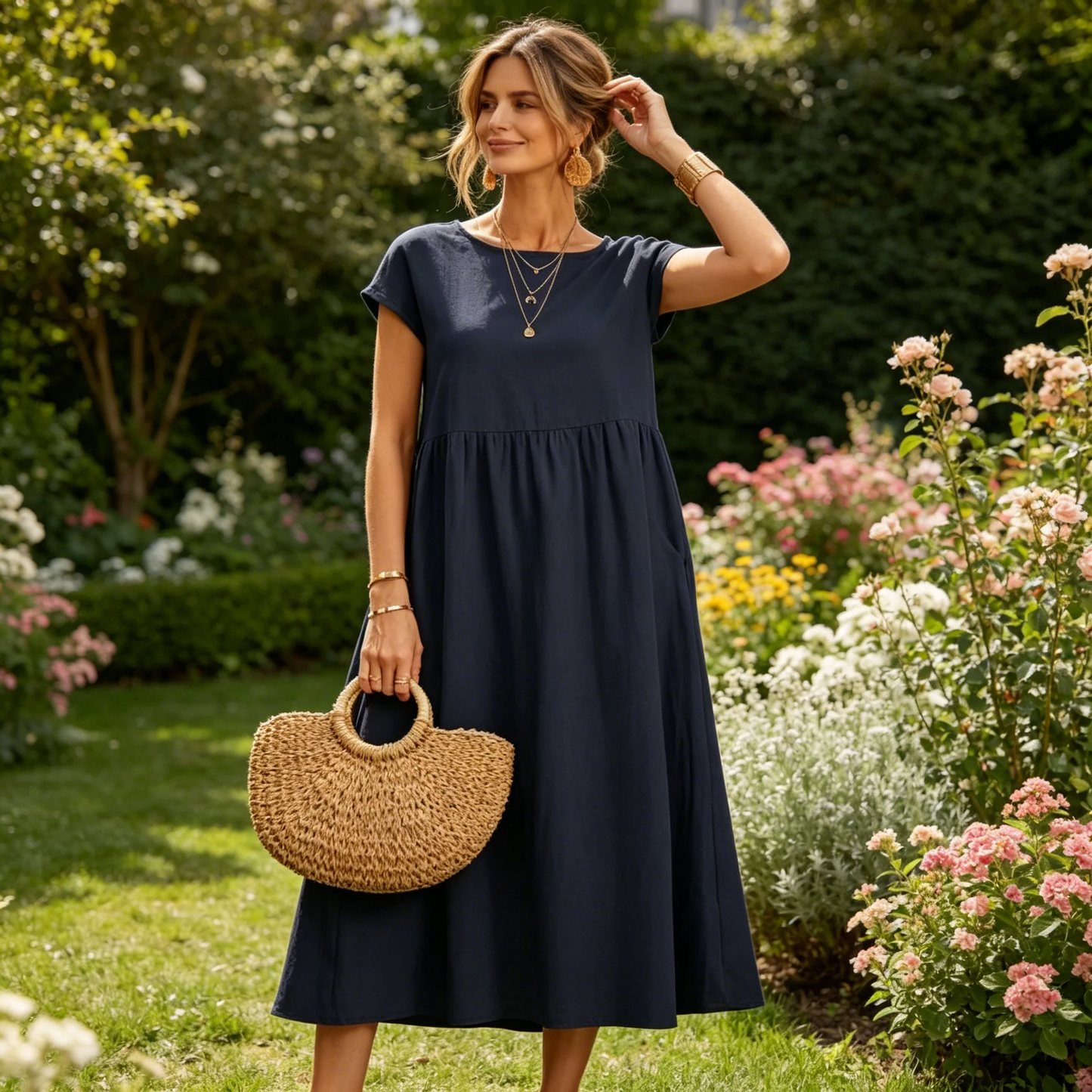 Fashion Solid Color Cotton Linen Pocket Dress