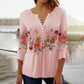Women's Floral Button V-Neck Pleated 3/4 Sleeve T-Shirt
