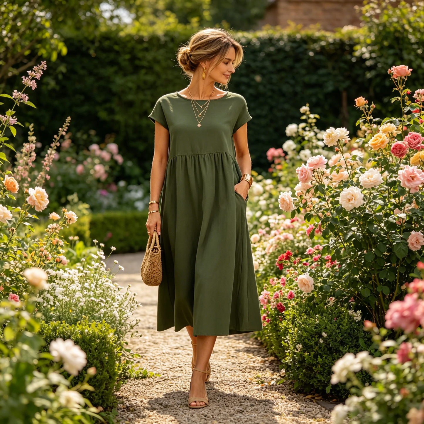 Fashion Solid Color Cotton Linen Pocket Dress