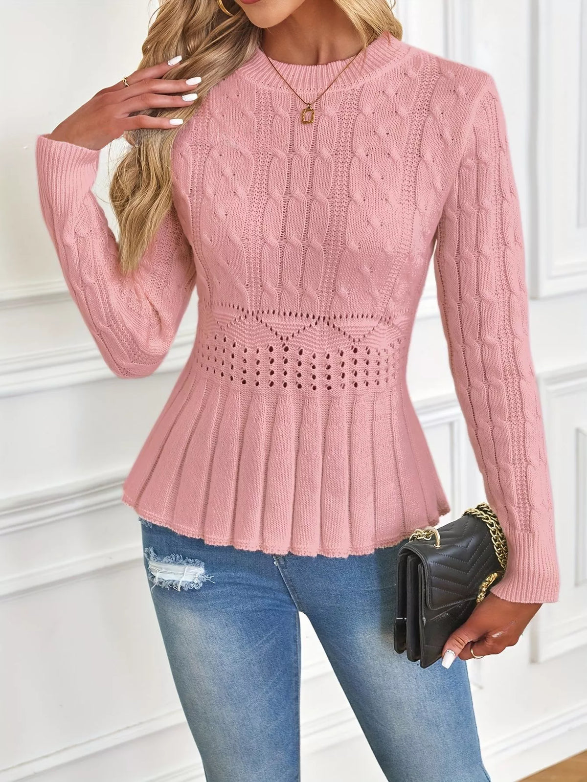 Women's Chunky-Knitted Crew Neck Peplum Sweater🧶👚