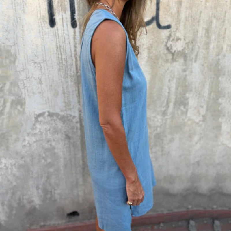 💖Women's Sleeveless Button Pocket V-Neck Dress
