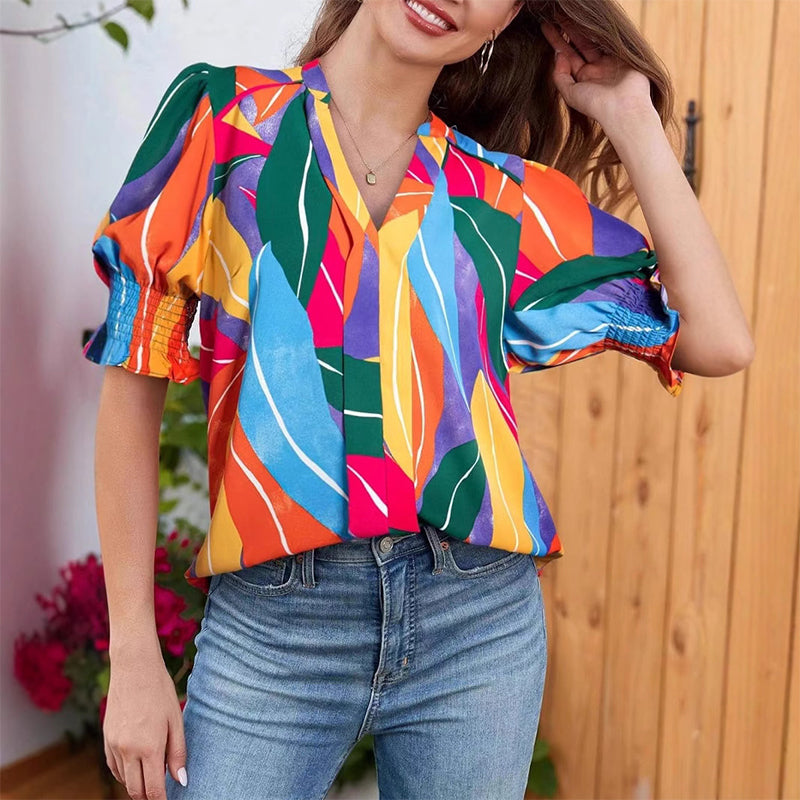 Floral V-neck Puff Sleeve Blouse For Women🌺