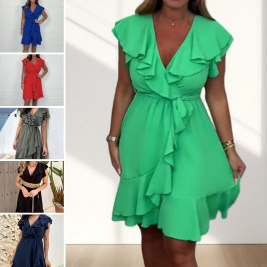 💖Women's Elegant Waist Tie V-Neck Ruffle Dress