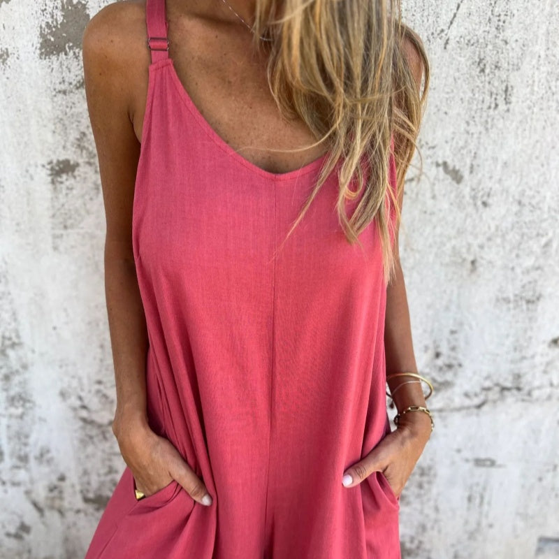 Women's Casual Loose Cotton-Linen Blend Jumpsuit with Pockets and Adjustable Straps