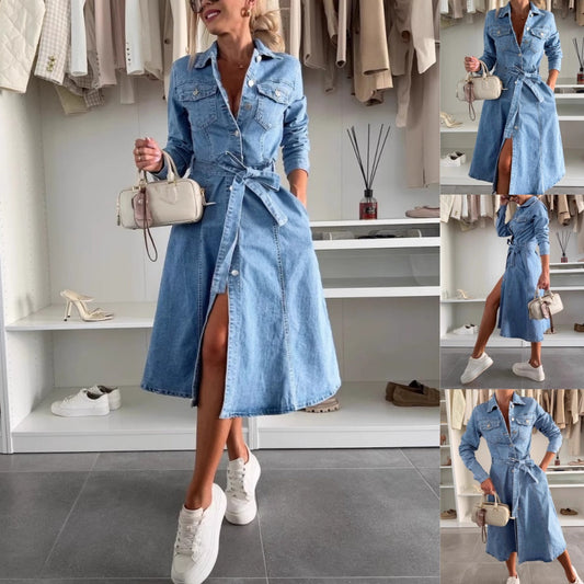Women's Button Down Long Sleeve Denim Dress