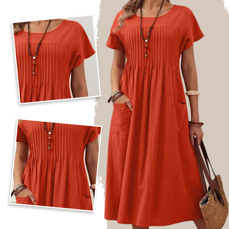 👗 Women’s Pleated Short-Sleeve Dress with Pockets – Soft Cotton-Linen Blend ☀️👜
