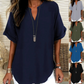 💎 Fashion Loose Short Sleeve Top – Notched V-Neck, Asymmetrical Hem & Lightweight Fabric (5 Colors, S–2XL) 👕🌸
