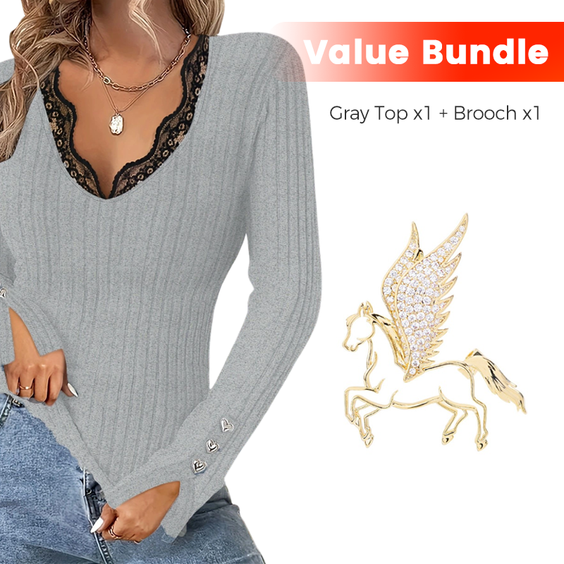 Value Bundle: Lace Detail V-Neck Top for Women + Brooch