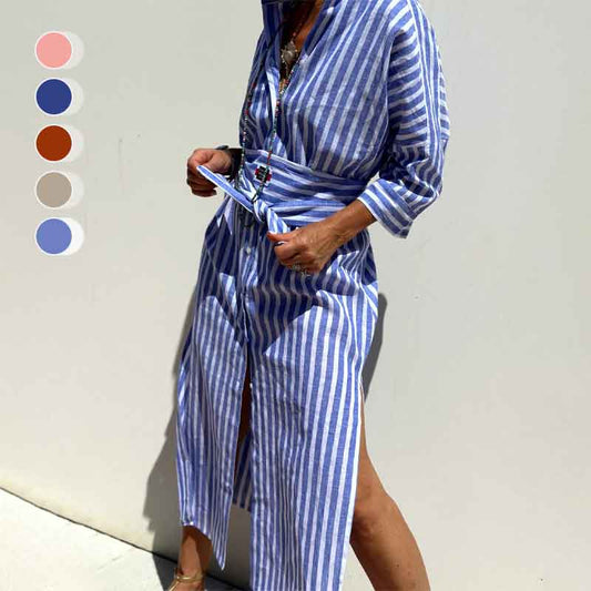 Classic Striped Lace-Up Shirt Dress