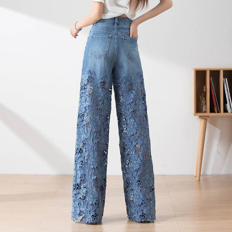 Women's High-Waisted Blue Denim Wide-Leg Pants with Cut-Out Lace Panels