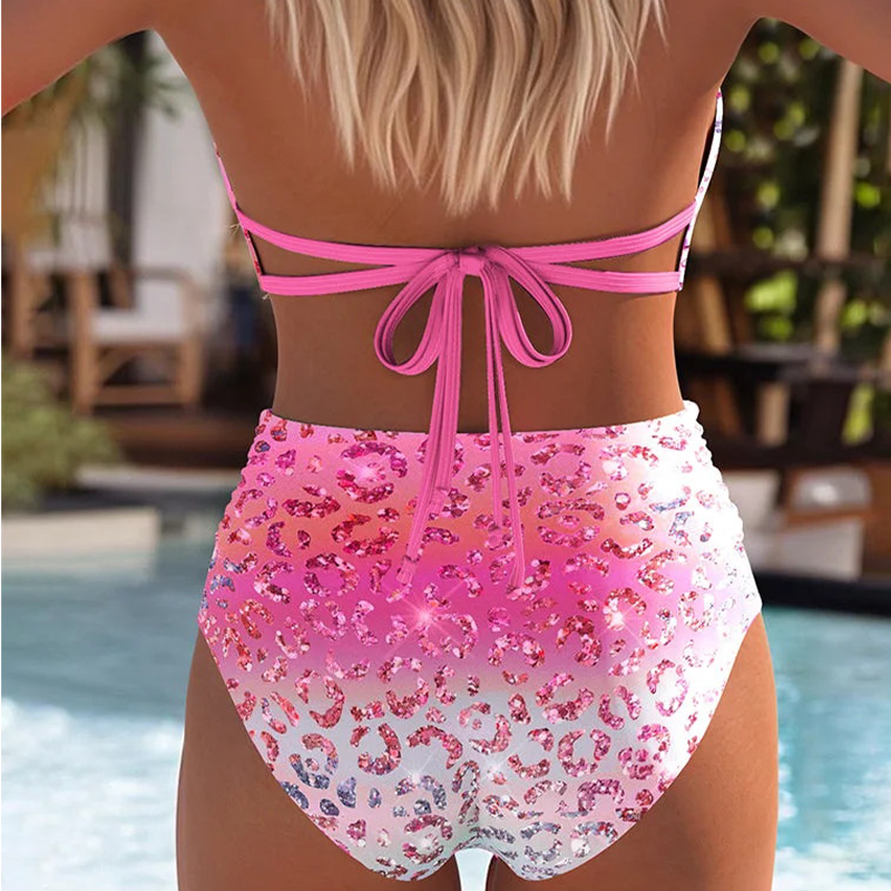 Gradient Leopard Print High-Waisted Bikini Set