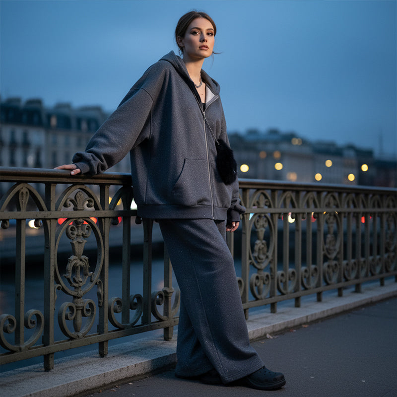 Women's Glitter Zip-Up Hoodie and Wide-Leg Pants Set