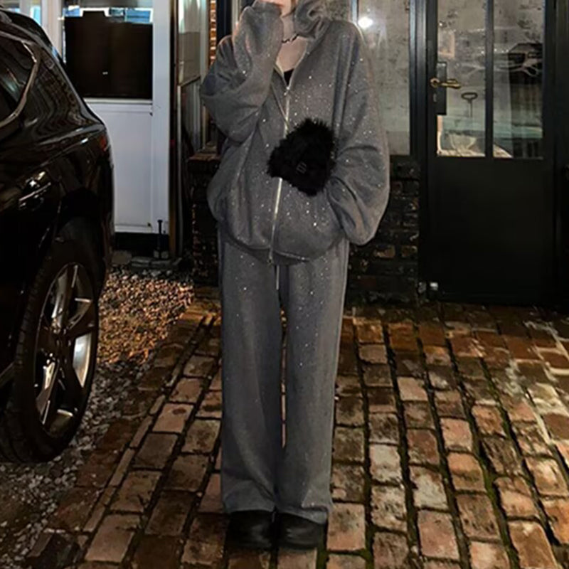 Women's Glitter Zip-Up Hoodie and Wide-Leg Pants Set