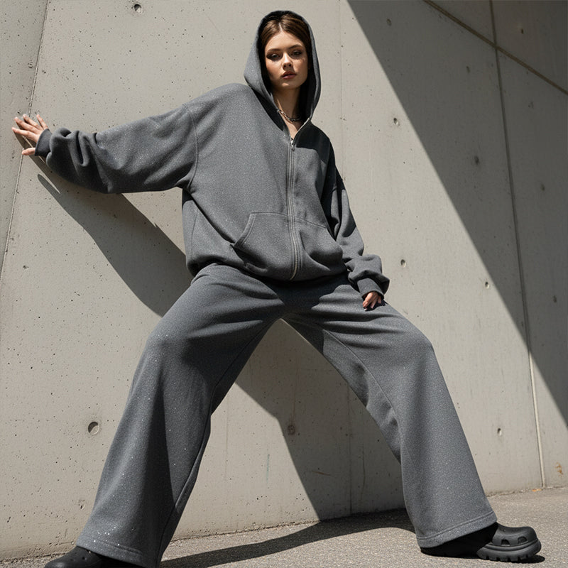 Women's Glitter Zip-Up Hoodie and Wide-Leg Pants Set