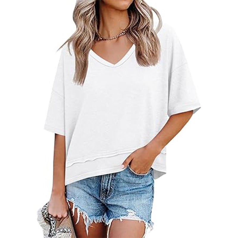 Women's Half Sleeve V-Neck Top with Patchwork Hem