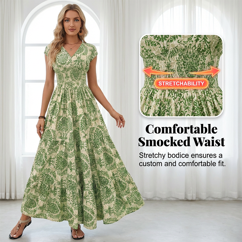 👗 Women's V-Neck Floral Smocked Maxi Dress – Elegant, Bohemian, Lightweight 🦋