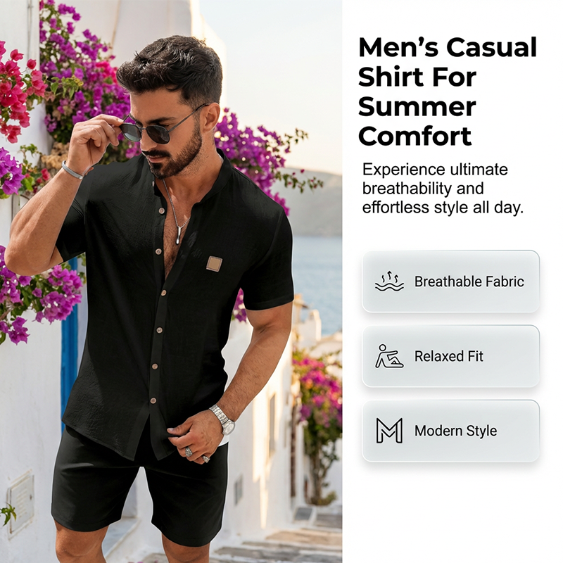 👔 Men's Summer Casual Button-Up Shirt – Stand Collar, Breathable & Relaxed Fit ✨