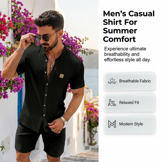 👔 Men's Summer Casual Button-Up Shirt – Stand Collar, Breathable & Relaxed Fit ✨