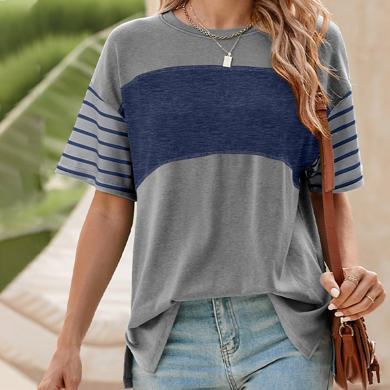 🔥Women's Casual Round Neck Striped Color Clash Short Sleeve Top