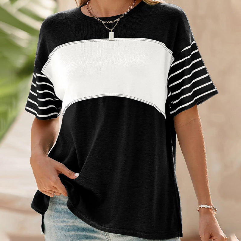 🔥Women's Casual Round Neck Striped Color Clash Short Sleeve Top