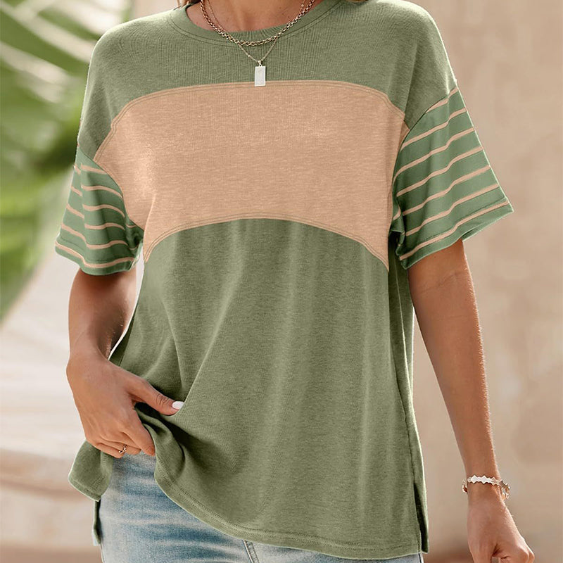 🔥Women's Casual Round Neck Striped Color Clash Short Sleeve Top