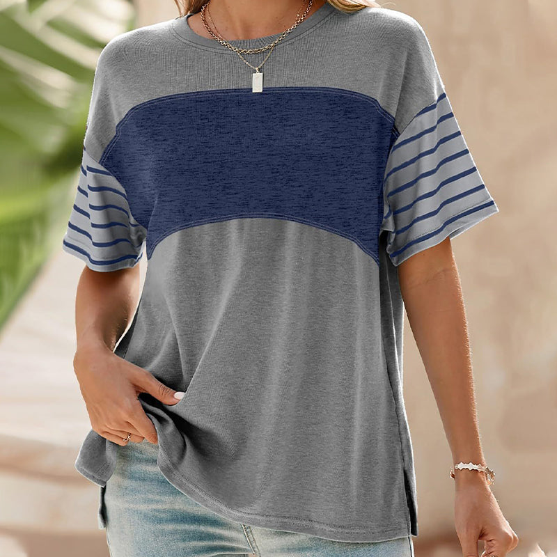 🔥Women's Casual Round Neck Striped Color Clash Short Sleeve Top