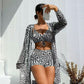 Women's Geometric Print 3-Piece Swimwear Set | High-Waisted Tummy Control Bikini & Sheer Cover-Up | Summer Beach Holiday Outfit