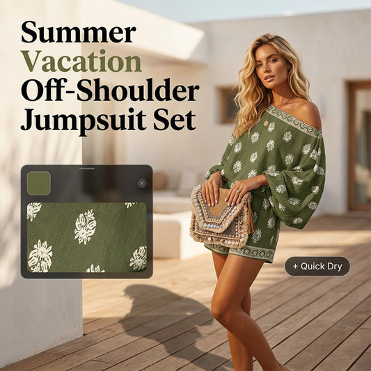🌴👙 Bohemian Off-Shoulder Jumpsuit Set – Vintage Print & Pockets – Relaxed Vacation Romper 📸
