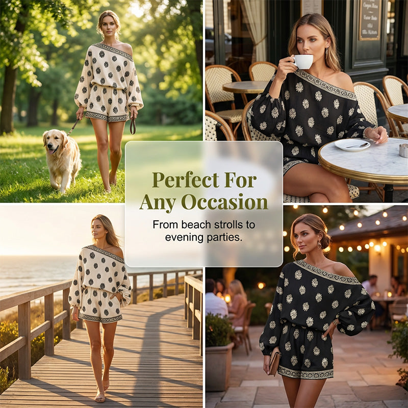 🌴👙 Bohemian Off-Shoulder Jumpsuit Set – Vintage Print & Pockets – Relaxed Vacation Romper 📸