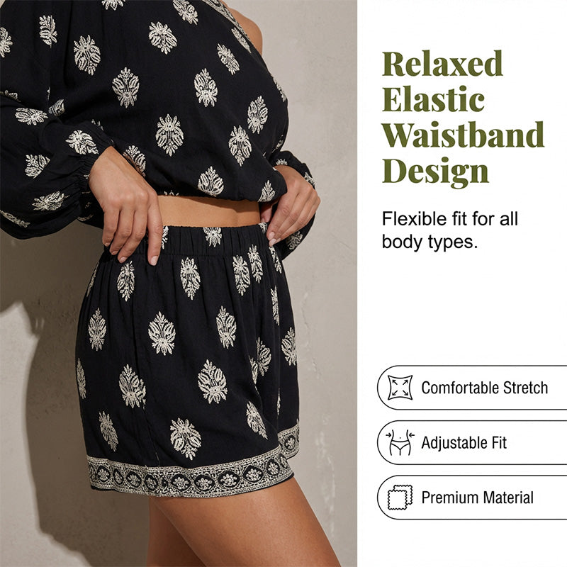 🌴👙 Bohemian Off-Shoulder Jumpsuit Set – Vintage Print & Pockets – Relaxed Vacation Romper 📸