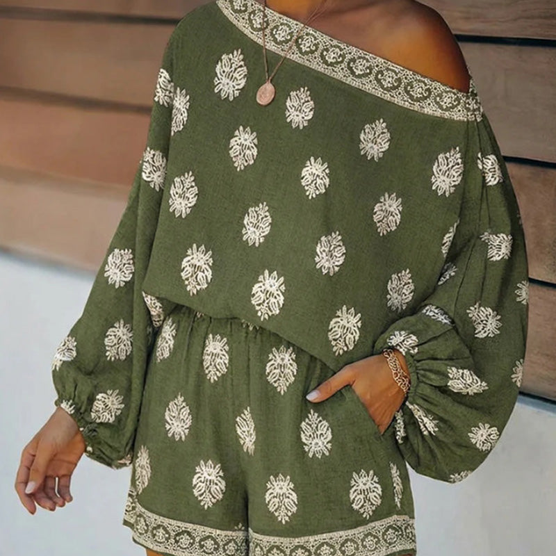 🌴👙 Bohemian Off-Shoulder Jumpsuit Set – Vintage Print & Pockets – Relaxed Vacation Romper 📸