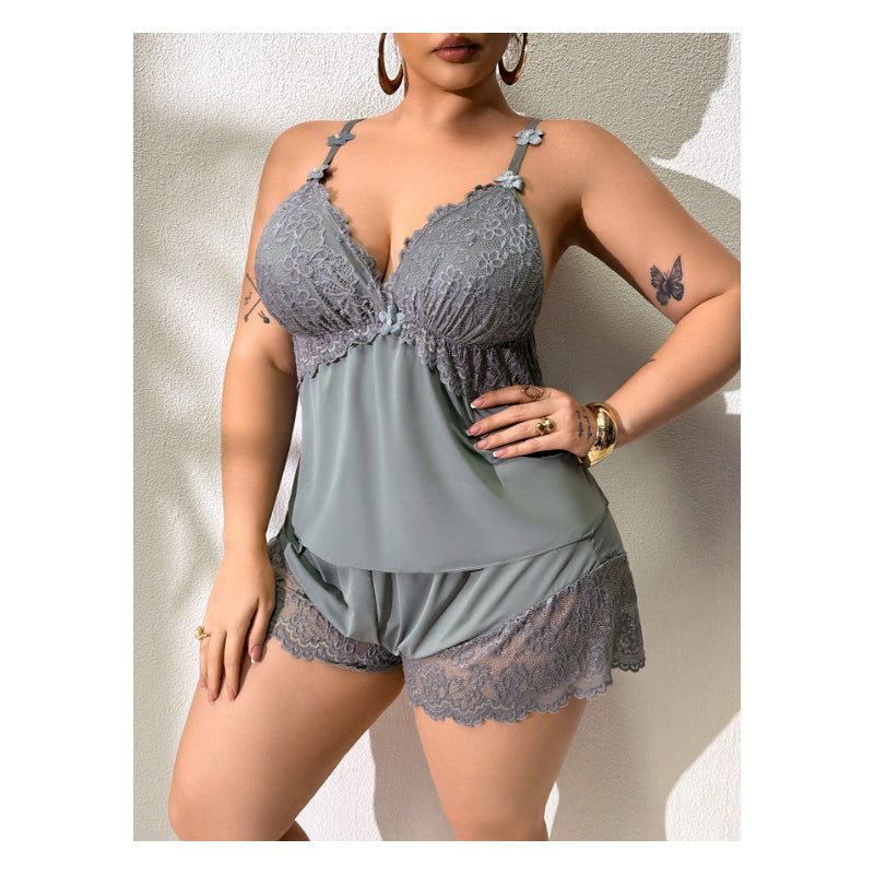 🥳 Lace Trim Camisole & Shorts Pajama Set – Soft satin-like fabric, adjustable straps & V-neck. Elastic waist shorts for easy on/off. Perfect for a relaxing night. 🛏️✨