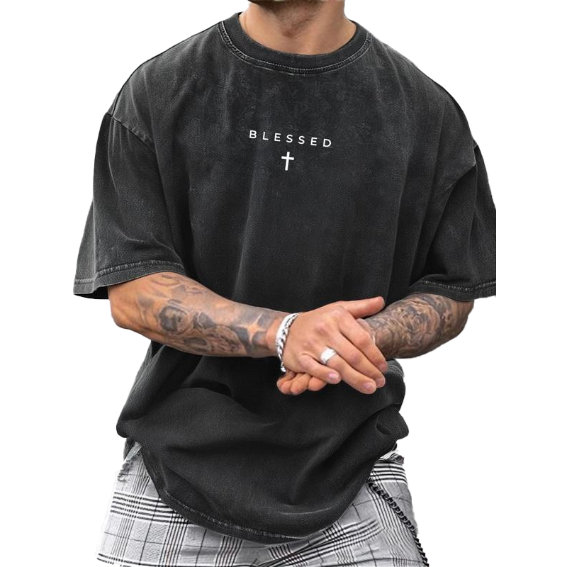 Men's Vintage T-Shirt with Cross & Letter Print – Soft Cotton, Relaxed Fit & Perfect for a Classic Casual Look 🏠