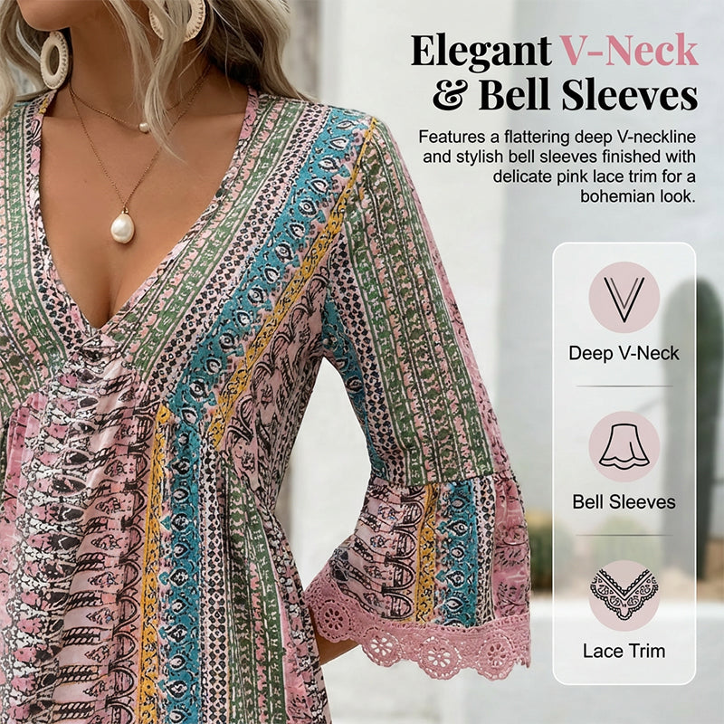 Women's V-Neck Mini Dress with Geometric Print & Lace Trim - Perfect for Vacations