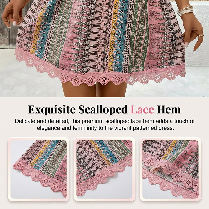 Women's V-Neck Mini Dress with Geometric Print & Lace Trim - Perfect for Vacations