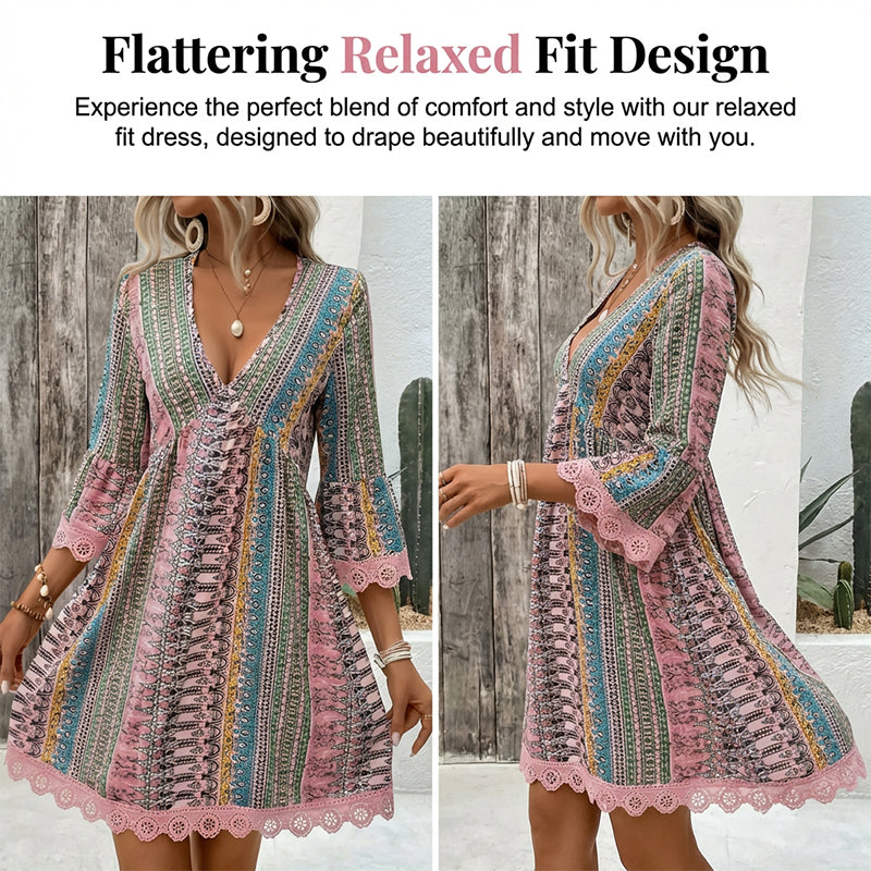 Women's V-Neck Mini Dress with Geometric Print & Lace Trim - Perfect for Vacations